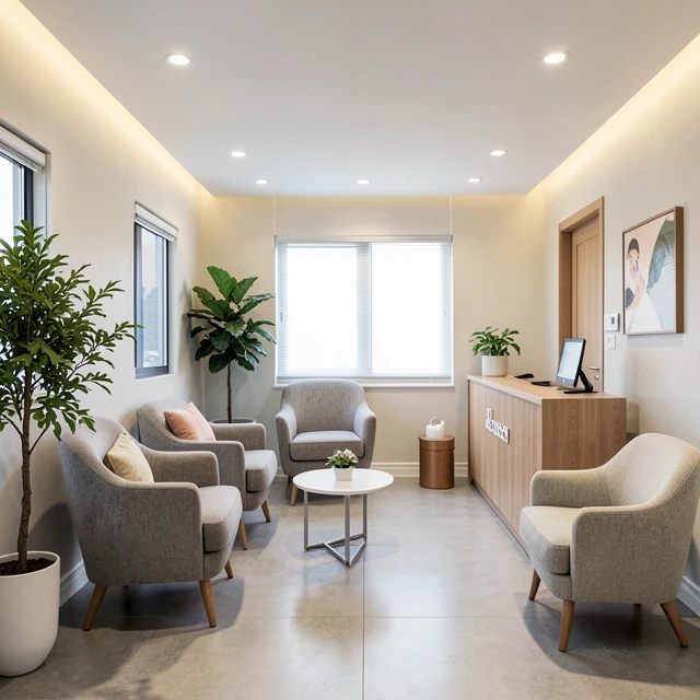 Modern fertility clinic waiting area, creating a supportive atmosphere for patients