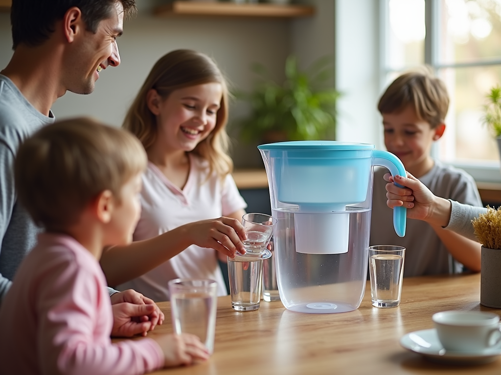 Family pouring filtered water