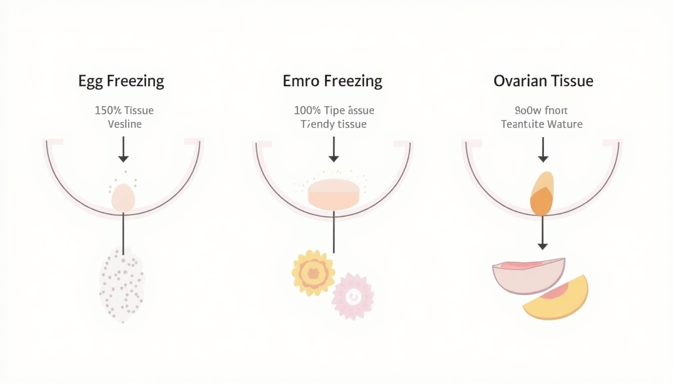 Diagram showing different fertility preservation methods like egg and embryo freezing.