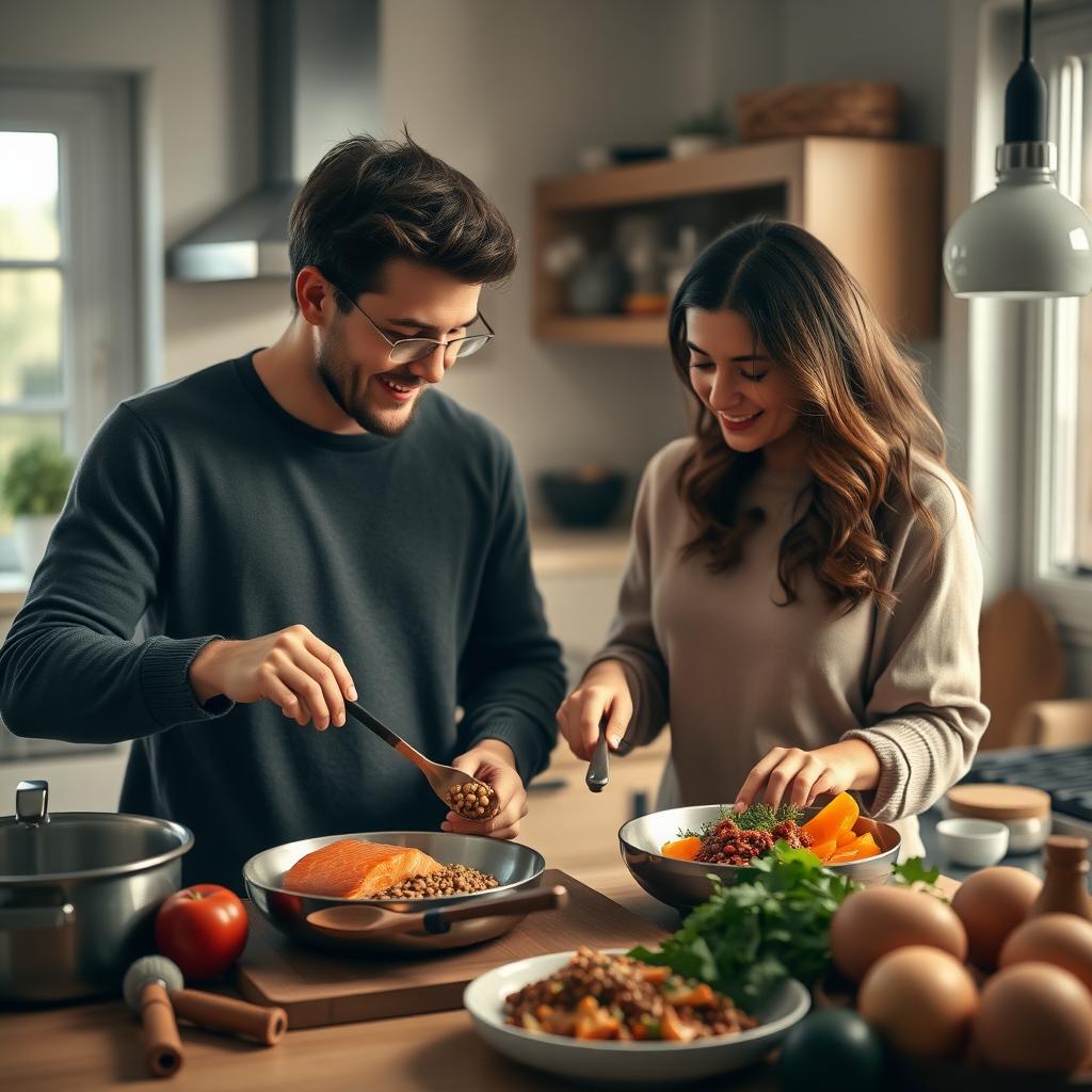 A couple cooking a fertility-friendly meal together in a cozy kitchen.