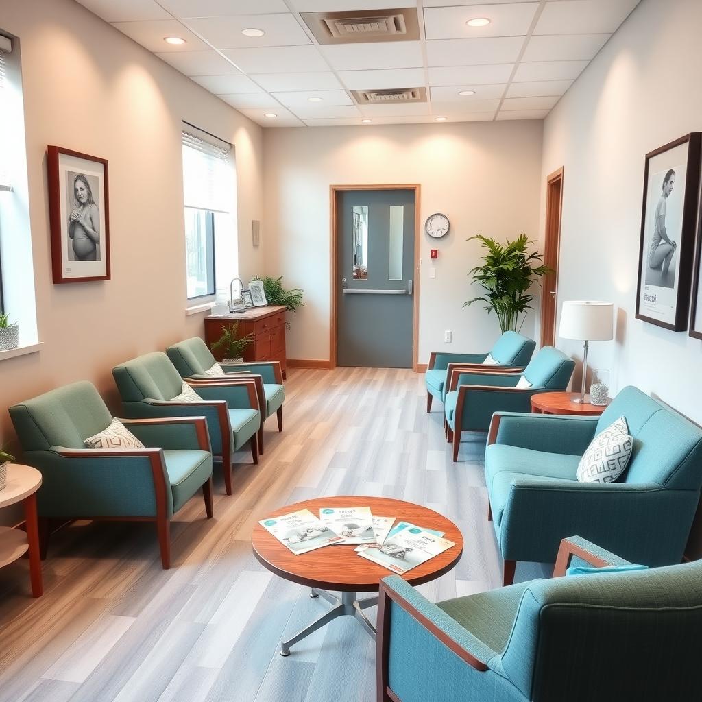 A cozy fertility clinic waiting room with modern decor and informational pamphlets.