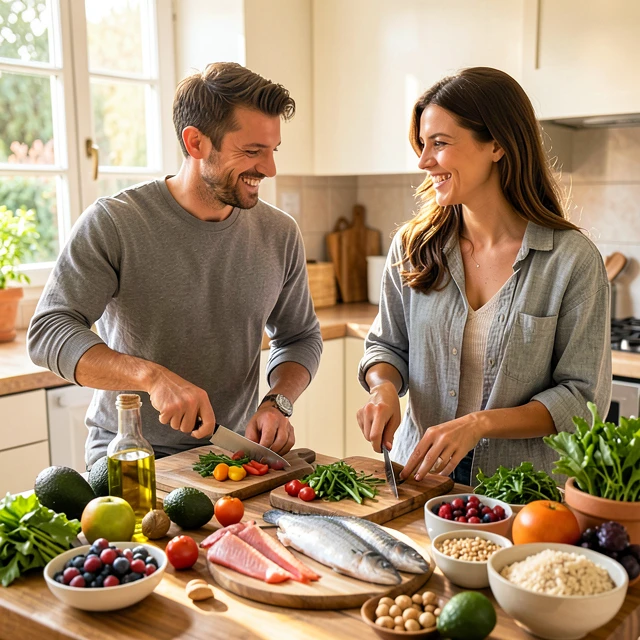 Couple cooking a fertility-friendly Mediterranean meal full of fresh ingredients