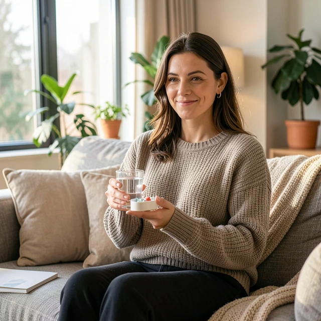 Woman managing her daily medications comfortably at home
