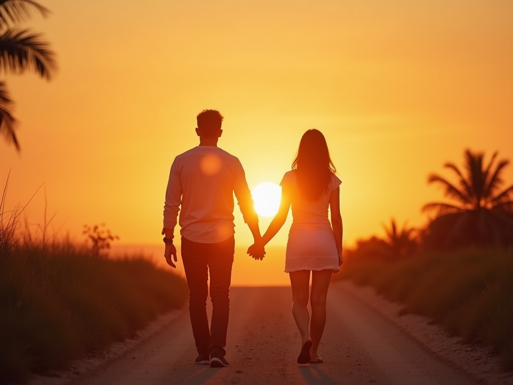Couple walking towards a sunrise, representing hope and new beginnings.