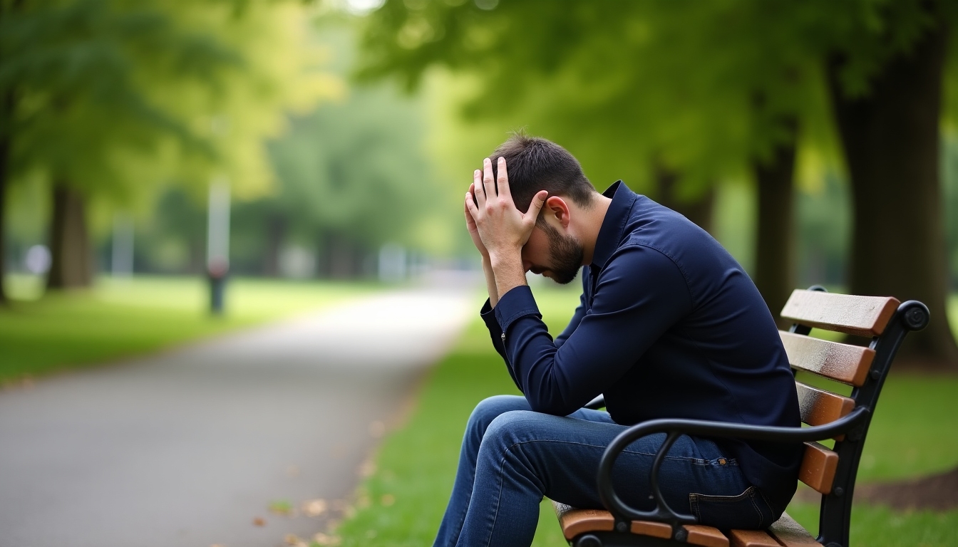 A man reflecting on the emotional challenges of infertility in a quiet park.