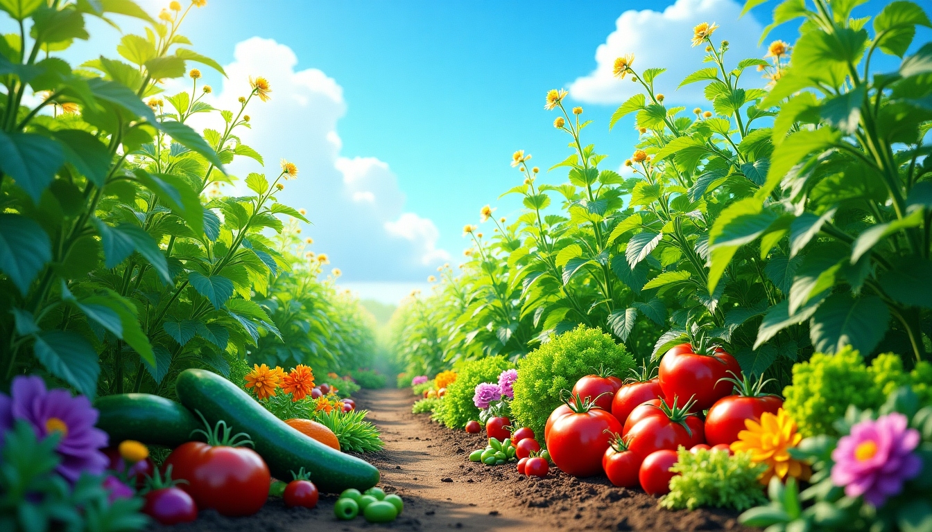 A lush organic vegetable garden with various greens growing.