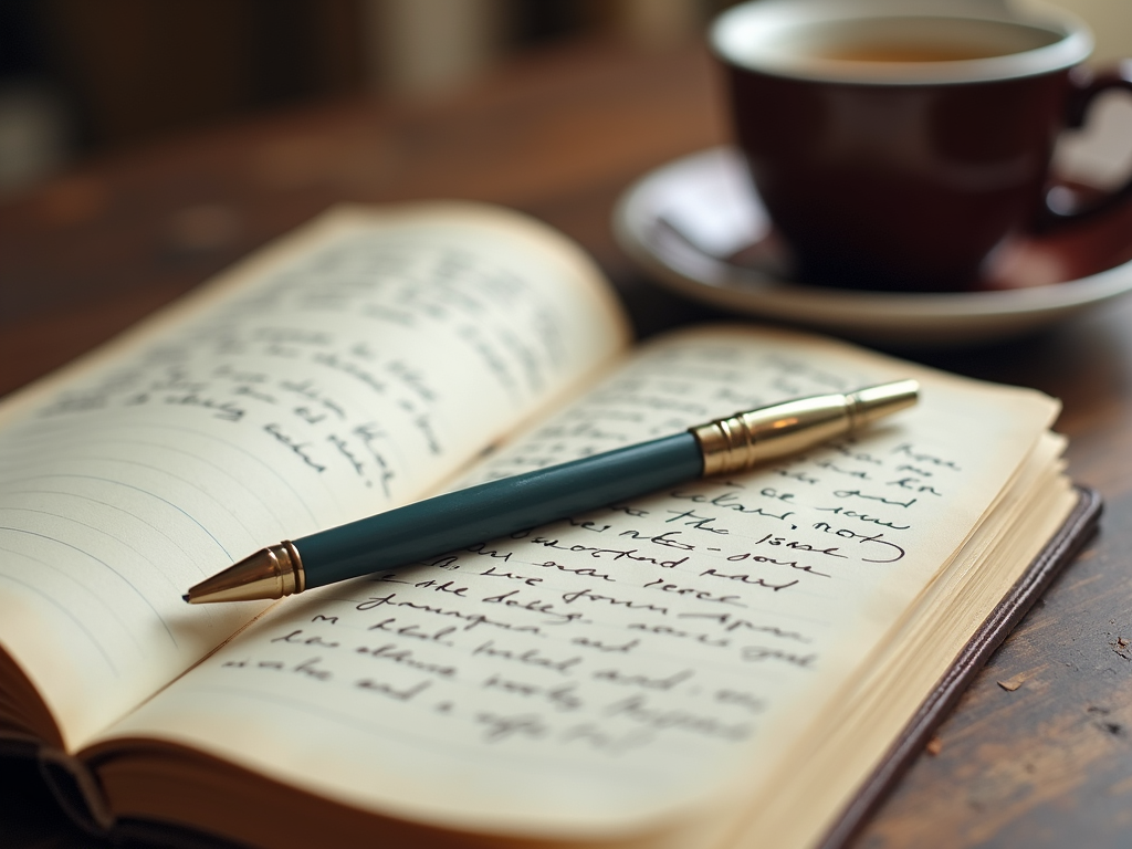 Journal with pen and tea on a cozy table