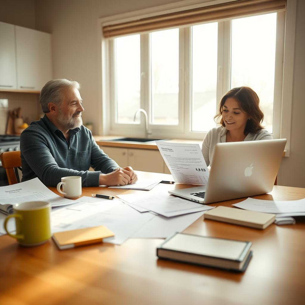 Couple reviewing insurance documents at a kitchen table with a laptop
