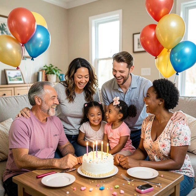 Family celebrating a child's birthday after parents' cancer recovery