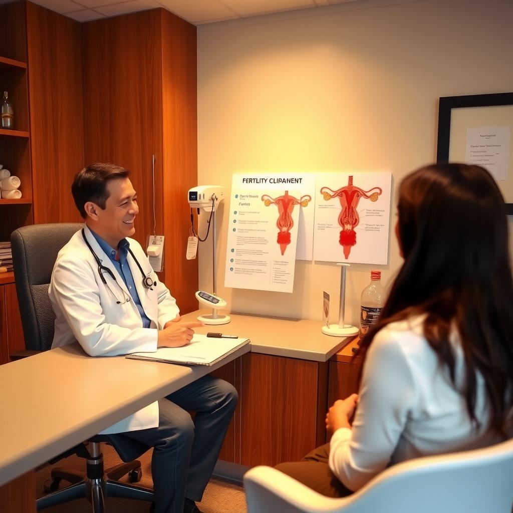 Fertility doctor discussing treatment options with a couple in a consultation room.