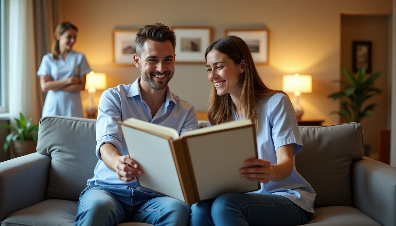 Couple reading success stories in fertility clinic