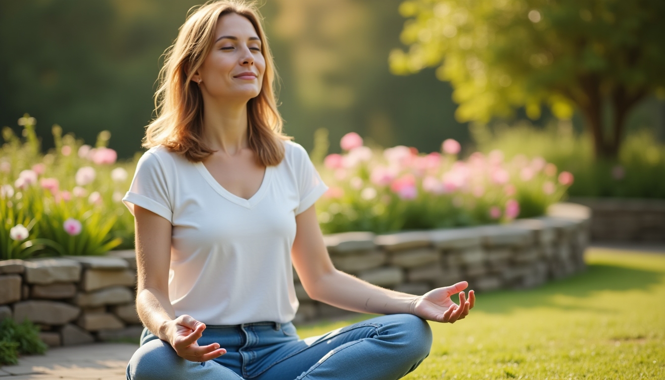 Image of a woman sitting cross-legged in a peaceful garden, embodying calm and reflection amidst nature.