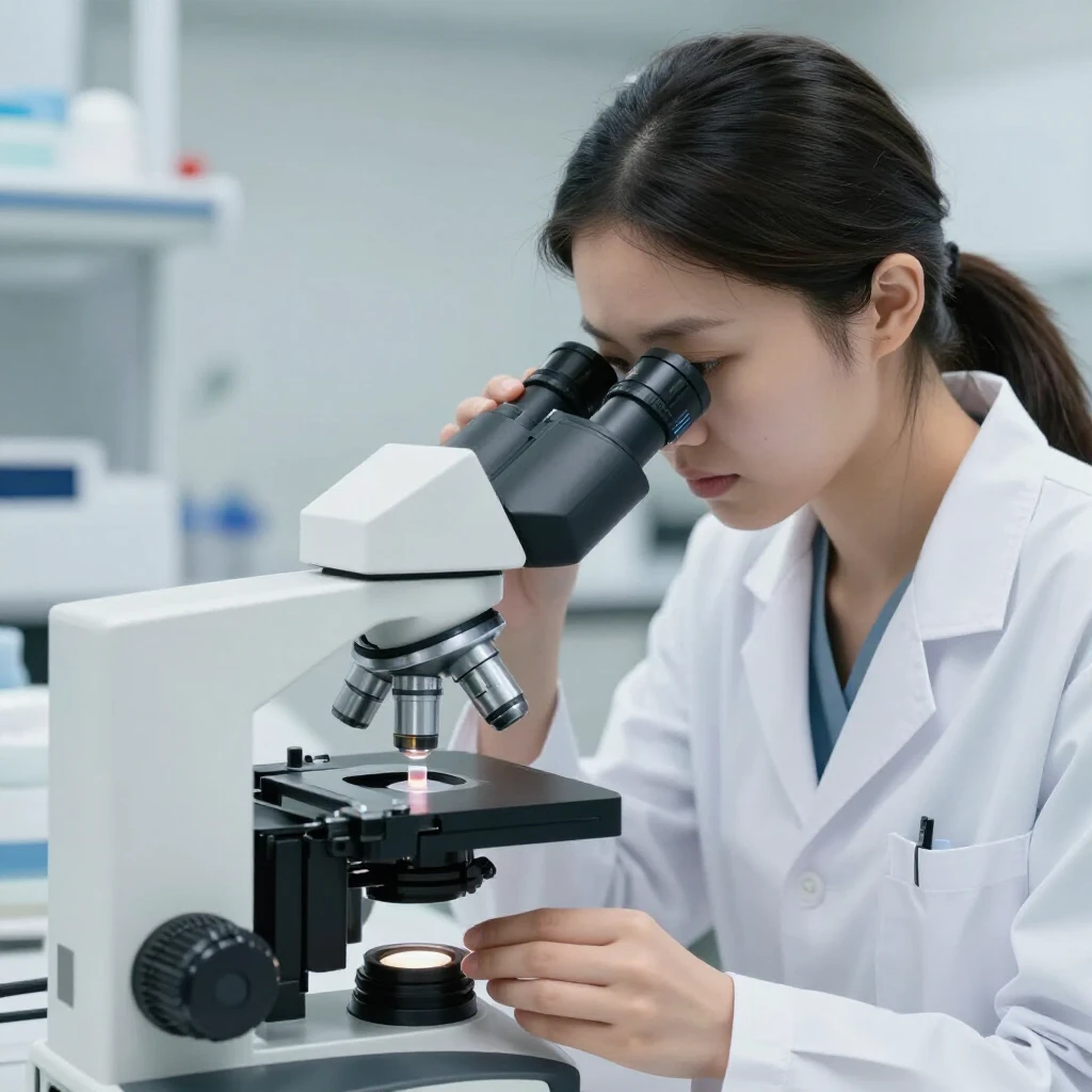 Lab technician performing semen analysis under microscope