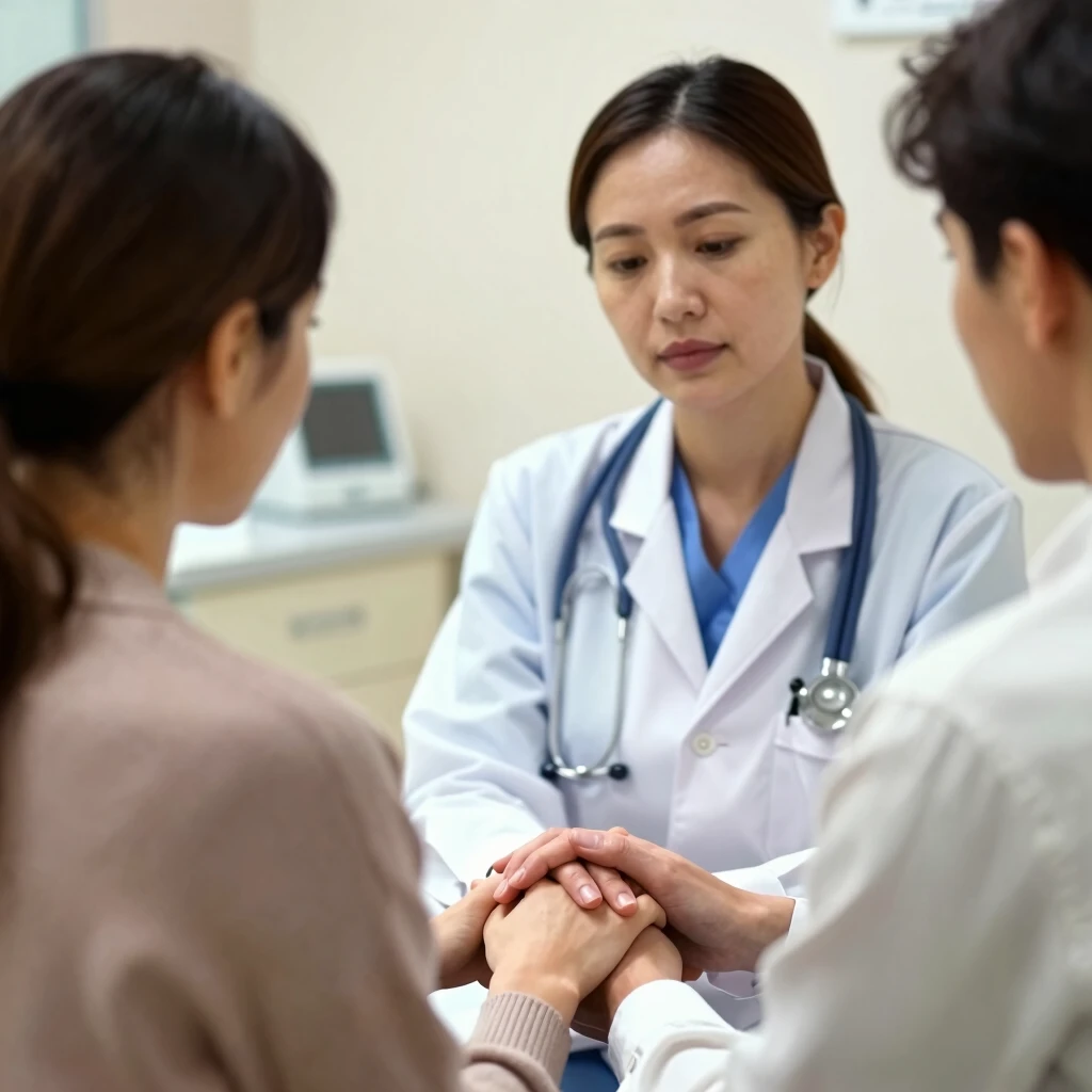 Doctor providing emotional support to a couple in a fertility clinic