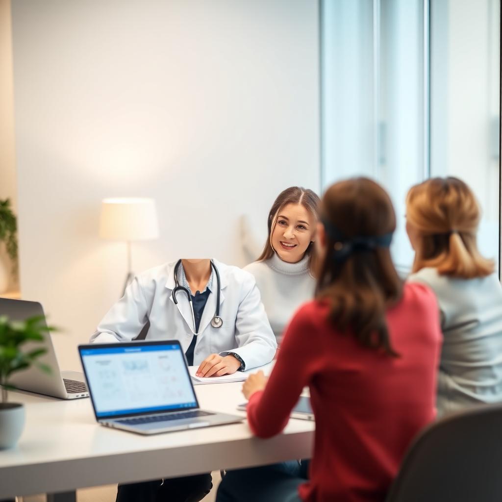 A doctor discusses infertility with a couple in a modern, supportive office setting.