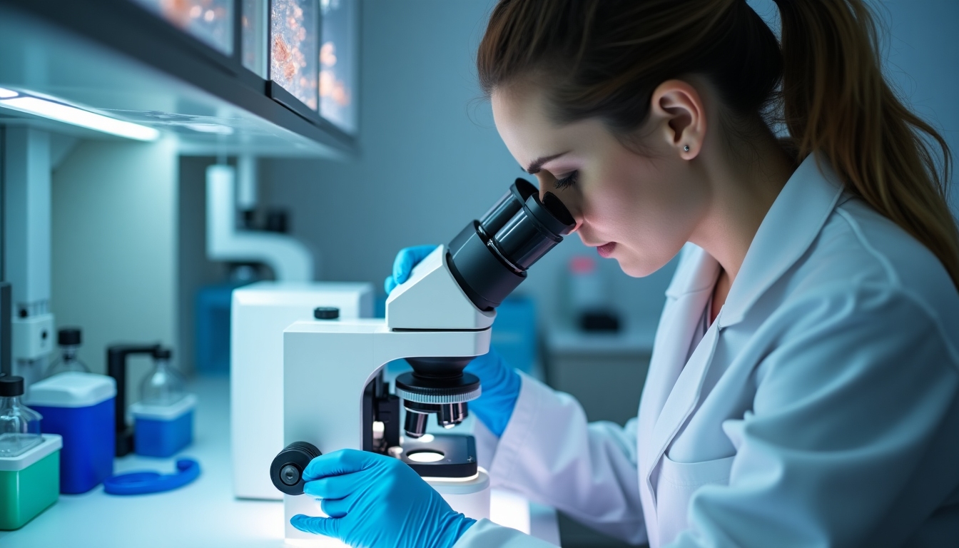 Lab technician observing embryos under a microscope.