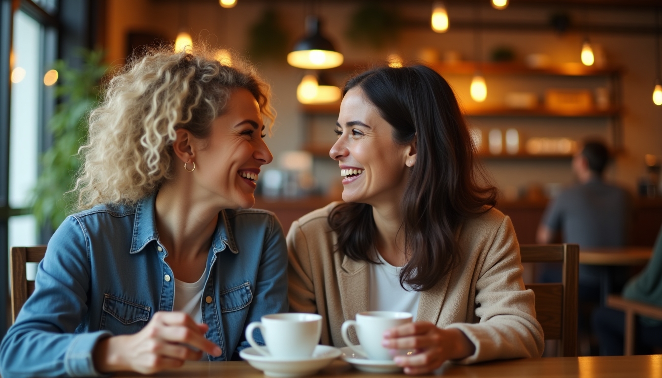 Two women having a supportive conversation over coffee, one appearing to share advice and empathy.