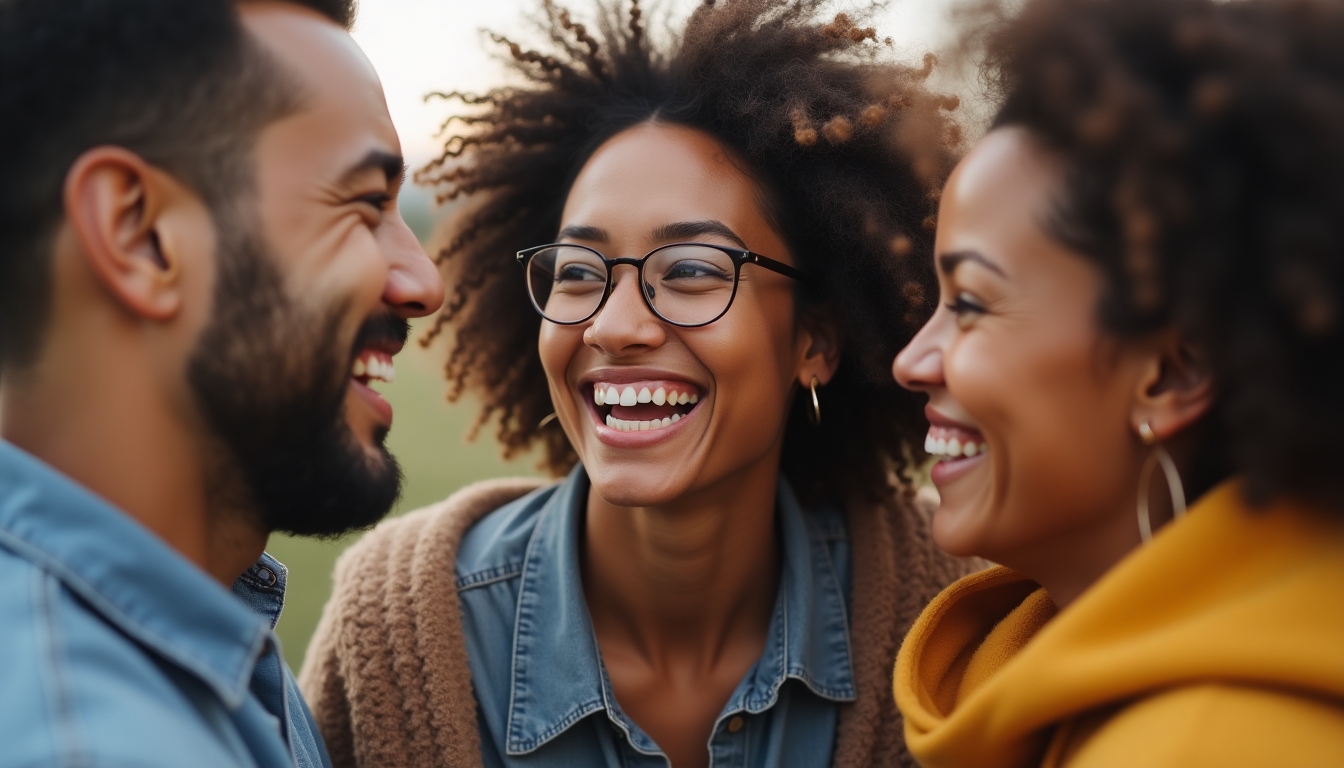 A supportive group of friends laughing together