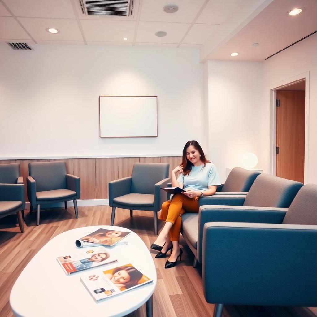 Couple in a cozy fertility clinic waiting room preparing for their consultation.