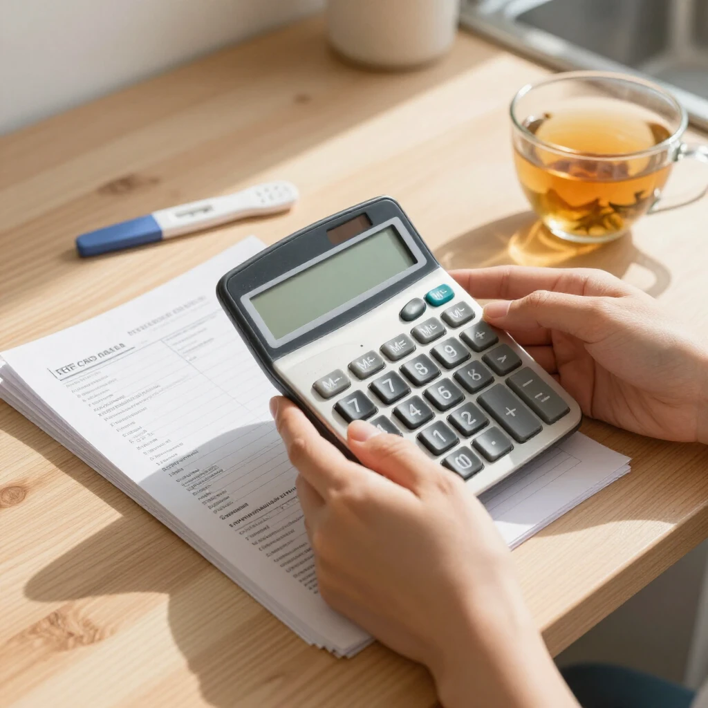 Woman calculating fertility treatment costs at home