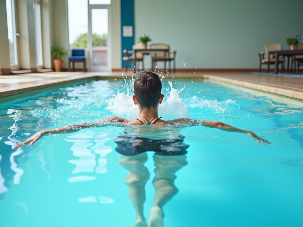 A person swimming in a pool with calm water, enjoying the low-impact benefits of this exercise. Swimming is gentle on the body while providing full-body engagement.