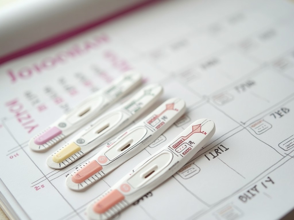 A close-up image of ovulation strips and a calendar, symbolizing the tracking of menstrual cycles and ovulation in PCOS patients.