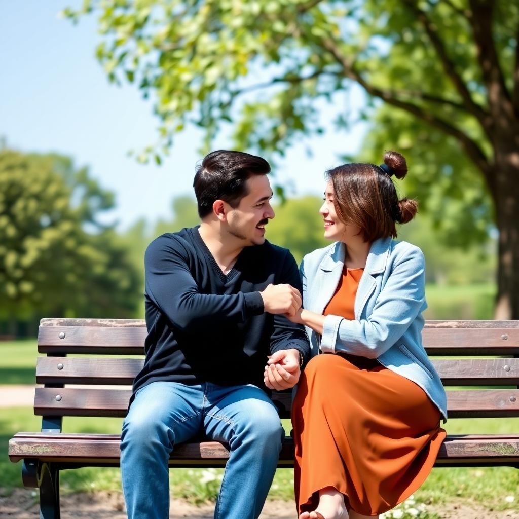 A couple holding hands and talking in a peaceful park setting.