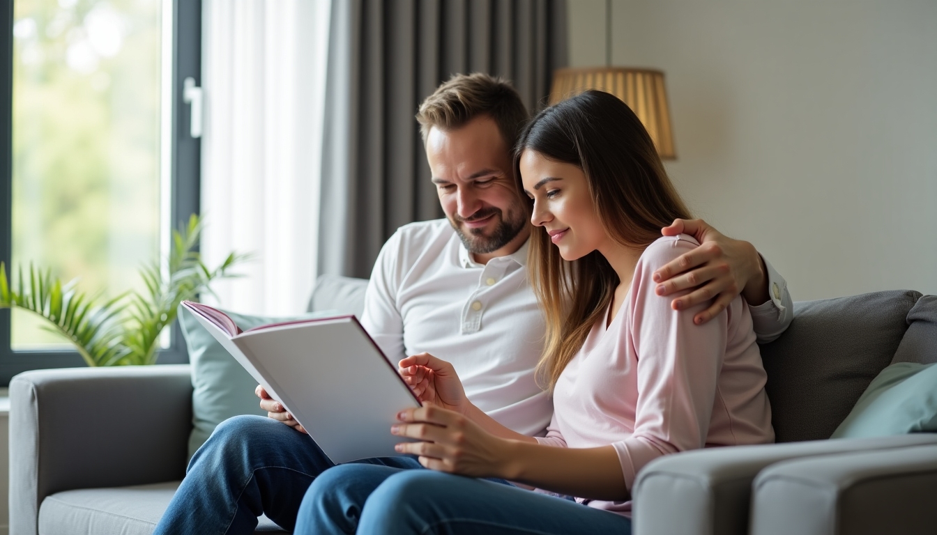 Couple reading in fertility clinic