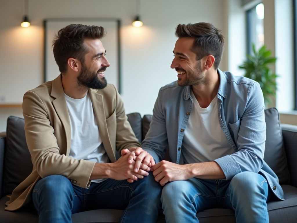 Same-sex male couple waiting at fertility clinic