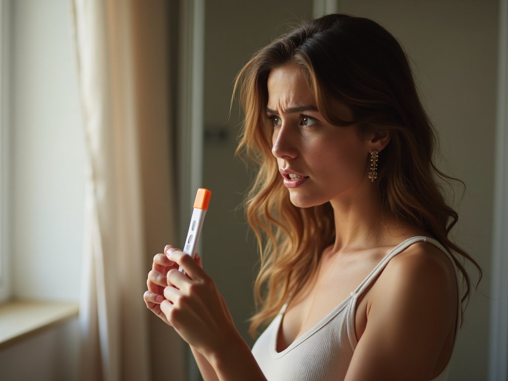 Woman holding a pregnancy test, showing the emotional side of fertility treatment