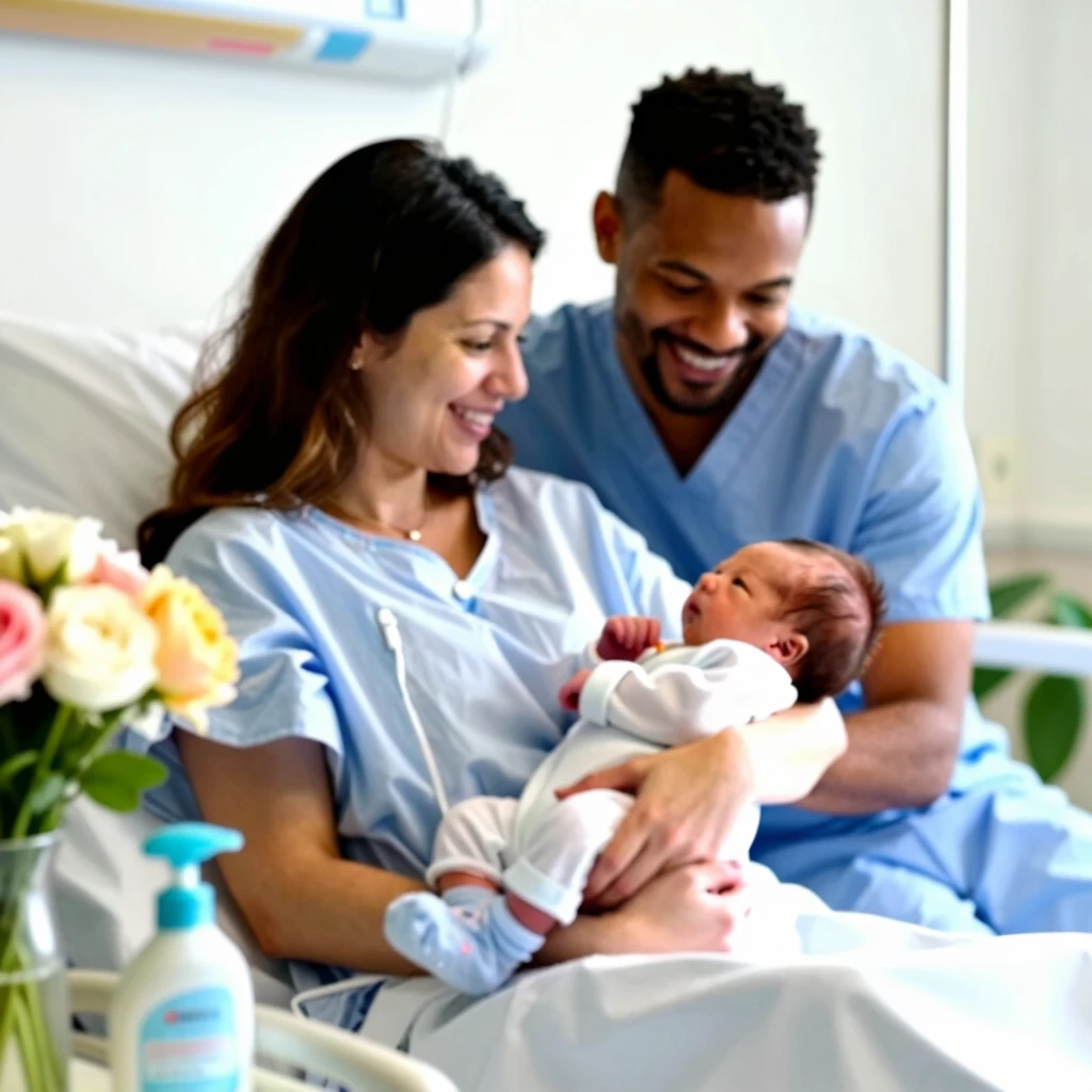 Happy parents with their healthy newborn after IVF success