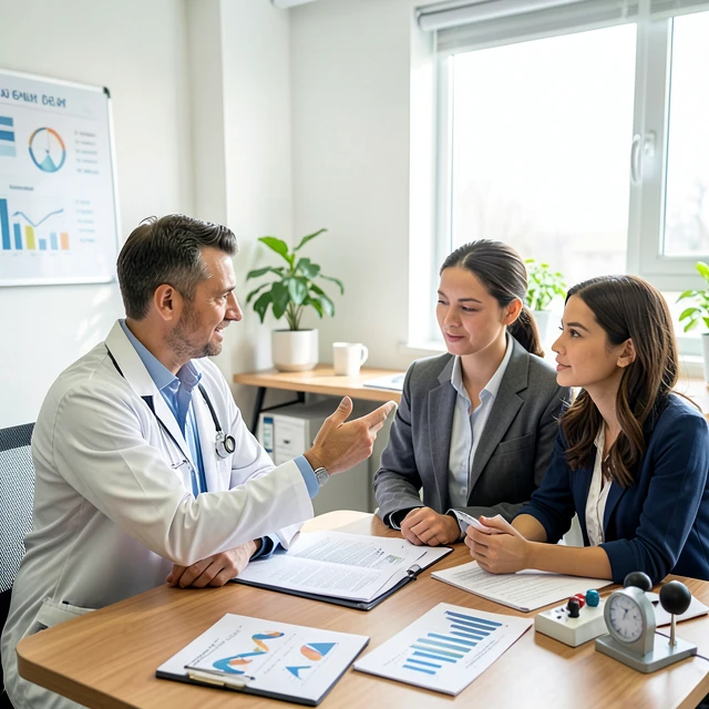 Couple discussing fertility treatments and age factors with doctor