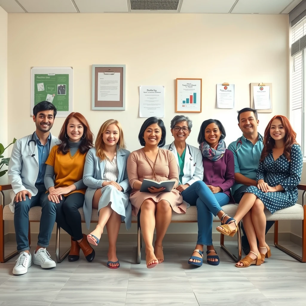 Diverse group of men and women of different ages and ethnicities sitting in a doctor's office waiting room, conveying a sense of shared experience