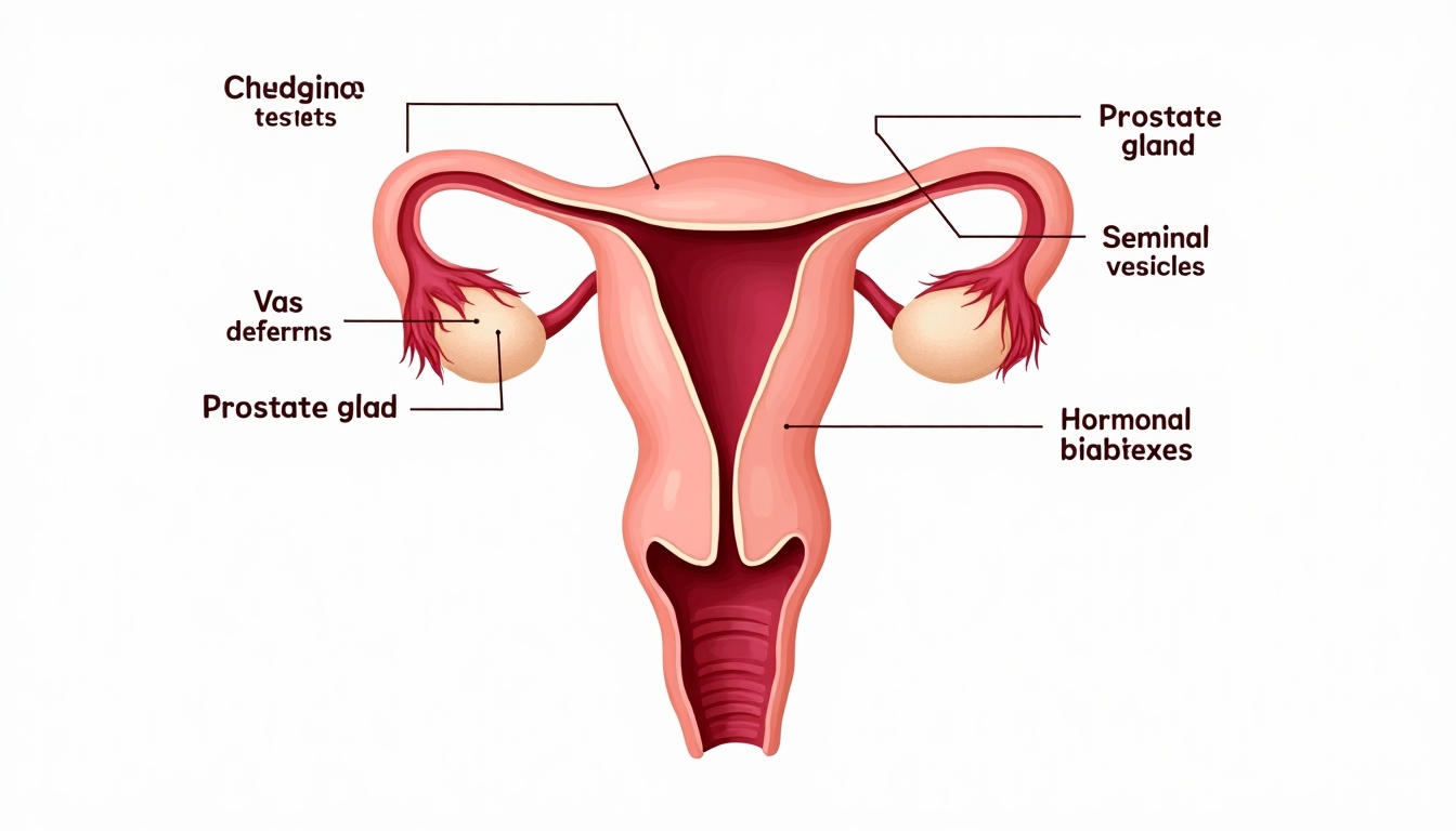 Diagram showing the male reproductive system with common issues highlighted.