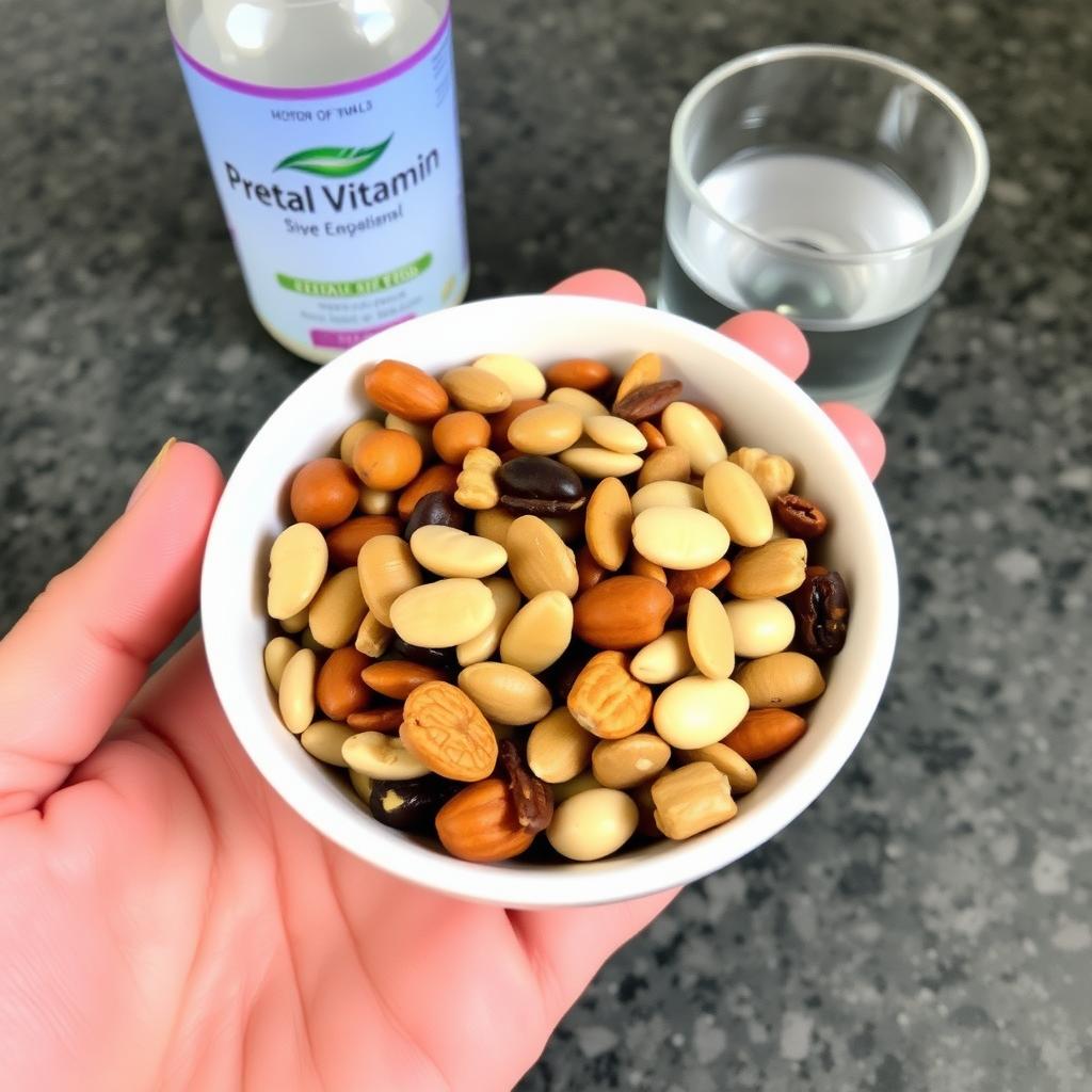 A hand holding nuts and seeds with water and vitamins nearby.