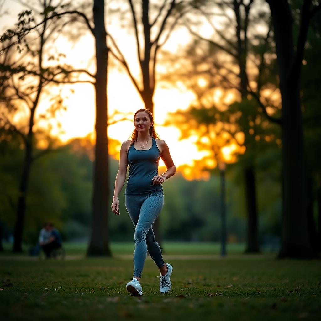 A woman walking in a serene park at dusk, dressed in workout clothes, surrounded by trees and a soft orange sky.