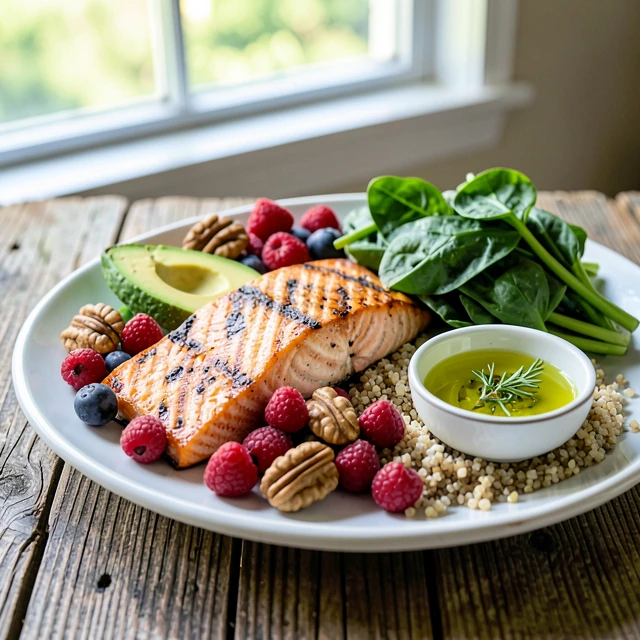 Plate of fertility-supporting foods including salmon, avocado, berries, nuts, and greens
