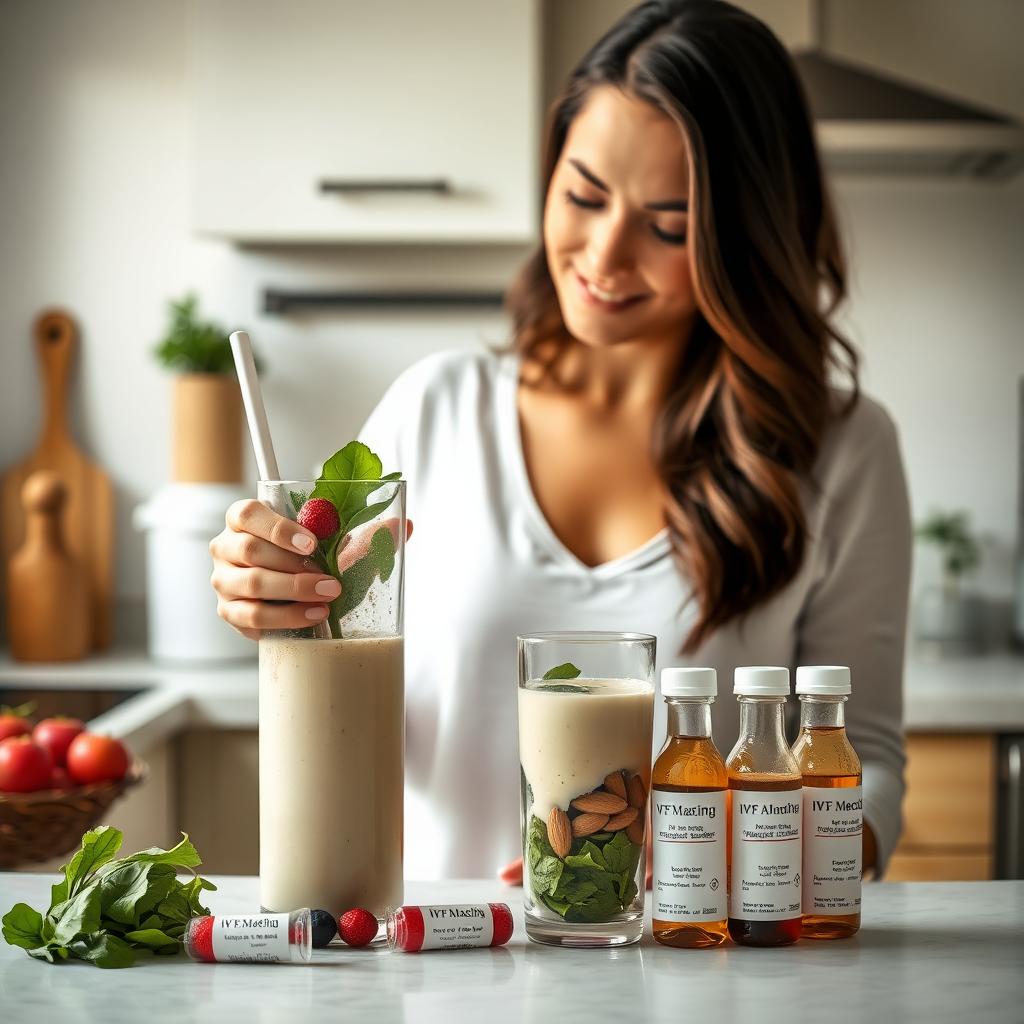 A woman blending a healthy smoothie in a kitchen with IVF medication vials on the counter.