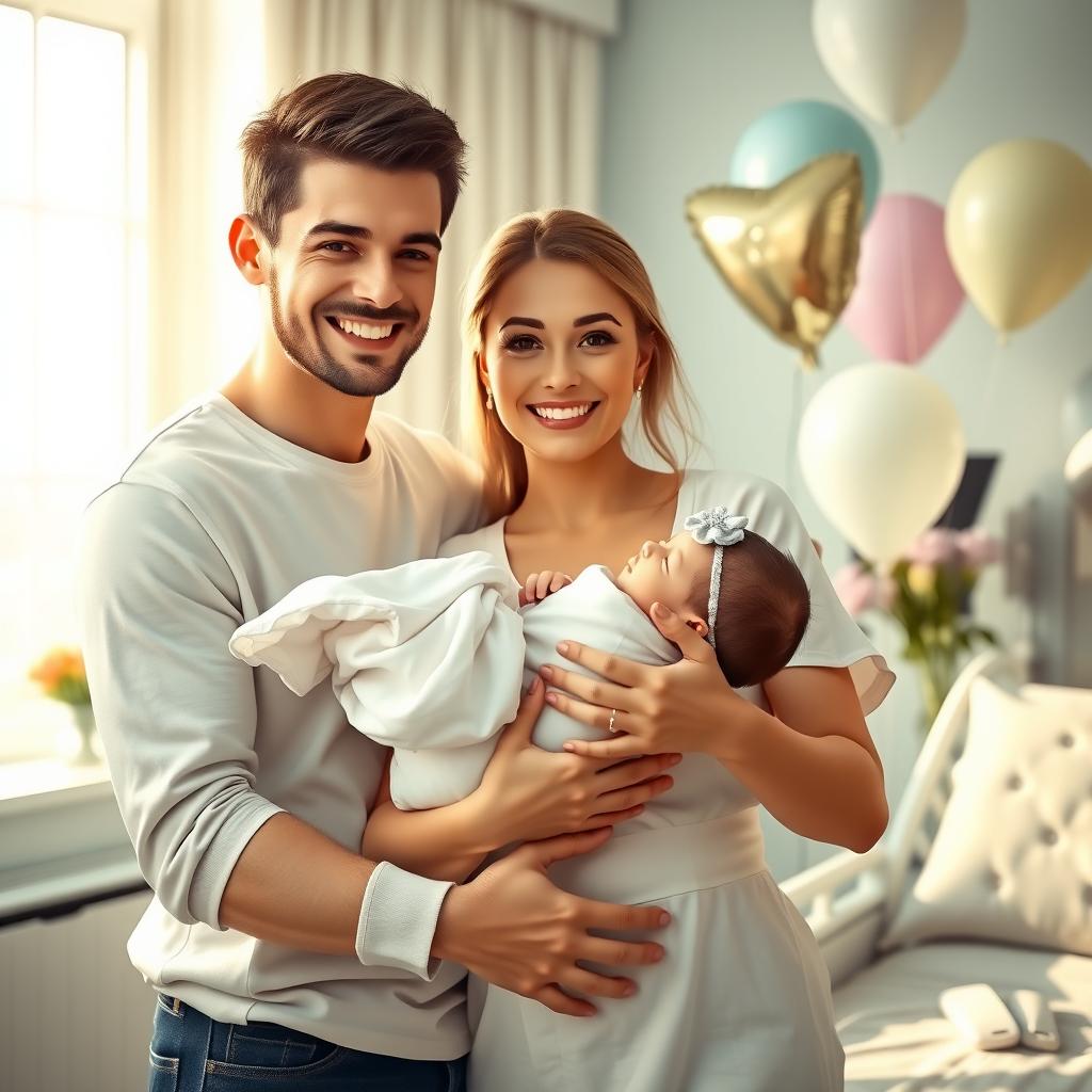 Young couple holding a newborn baby in a hospital room