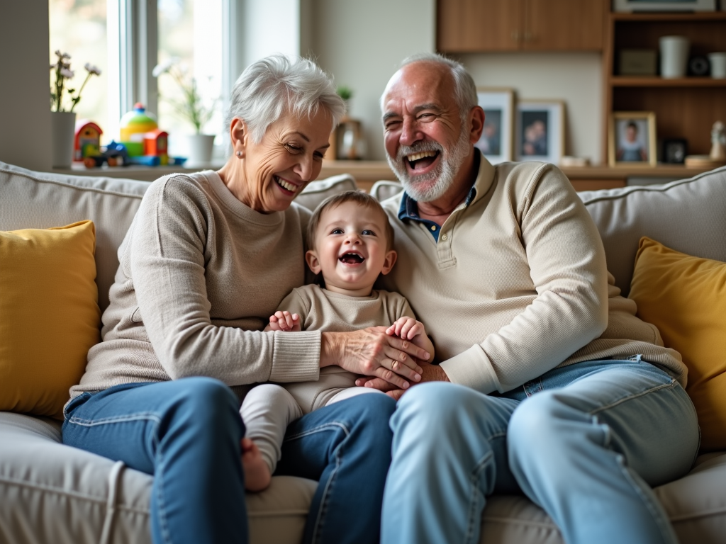 Senior couple with their child at home