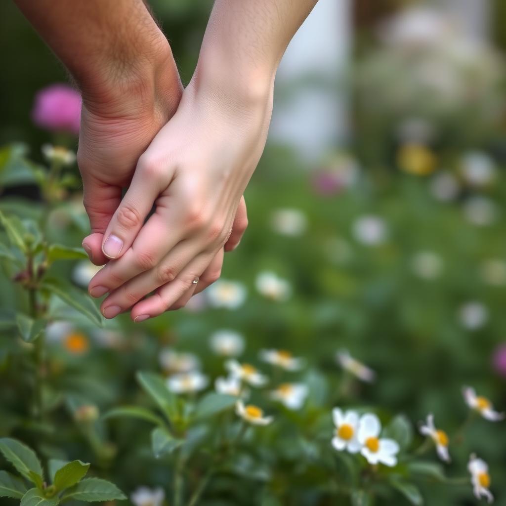Two hands clasped in a garden, representing support during the fertility journey.