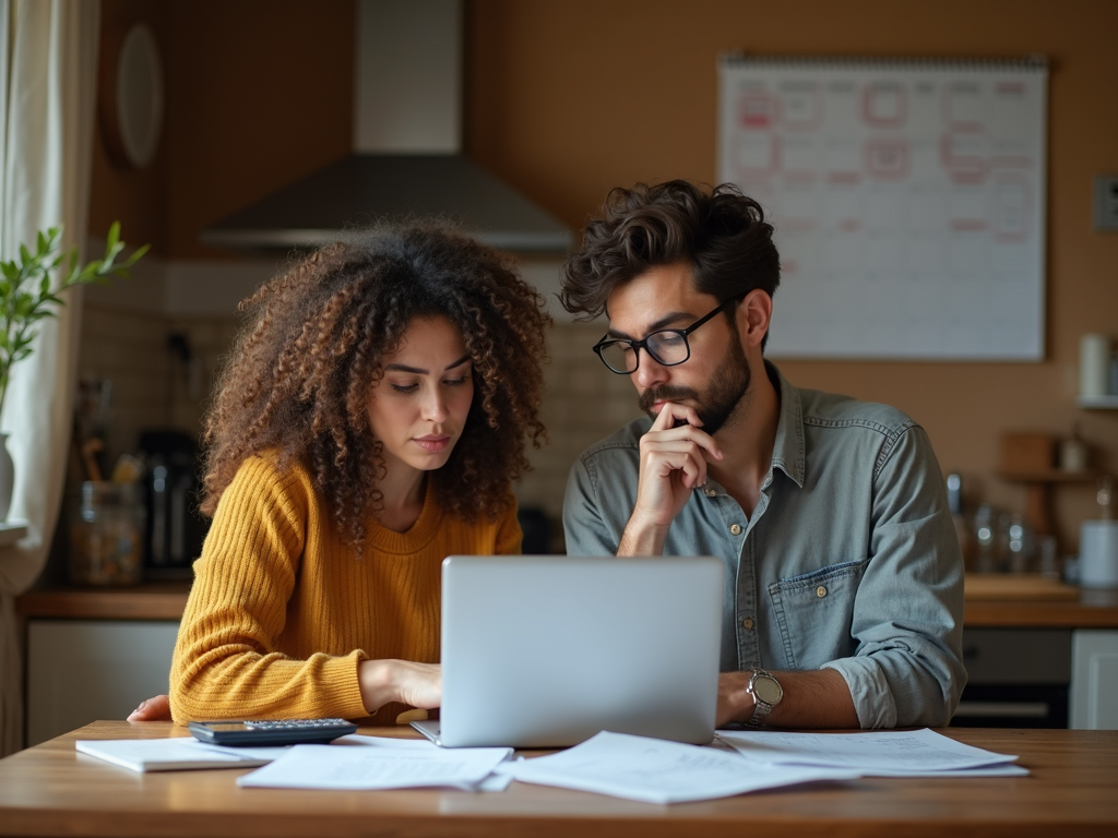 A couple discusses fertility treatment options at home, surrounded by financial paperwork and a calendar marking their journey.