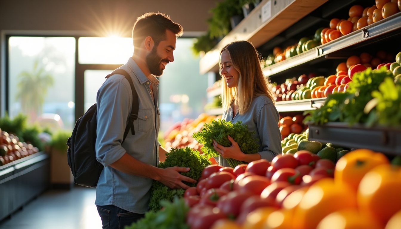 A couple shopping for organic groceries in a supermarket
