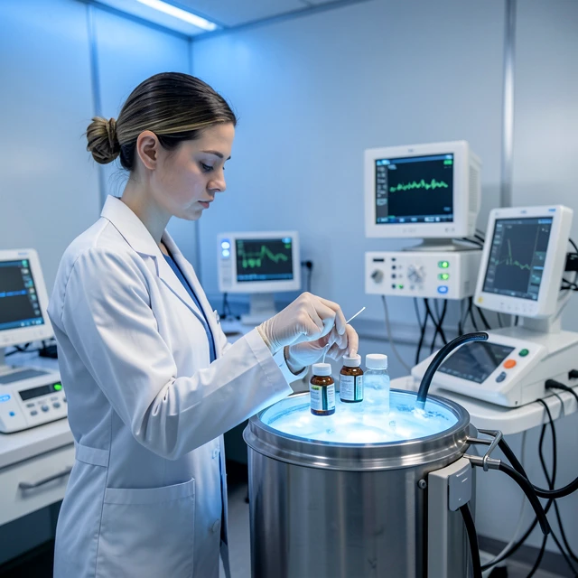 Fertility clinic lab technician handling egg freezing samples for endometriosis patients