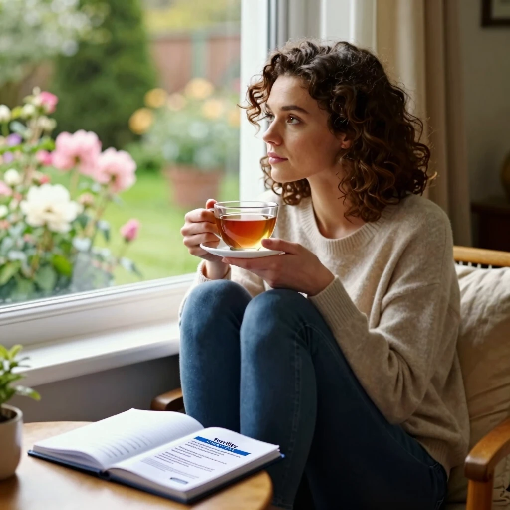 Woman reflecting on fertility preservation journey in a peaceful home setting