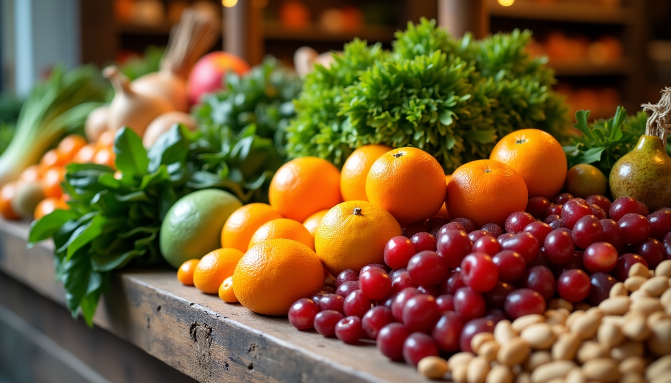 Fresh fruits and vegetables spread representing a healthy diet.