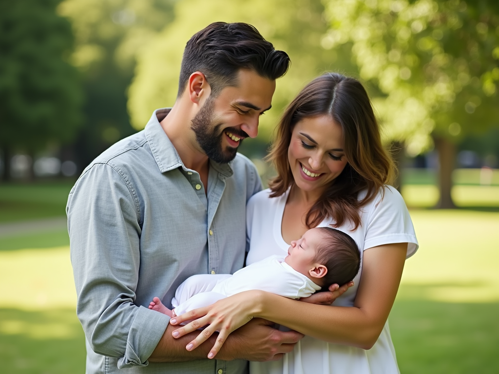 Happy family with newborn in a park