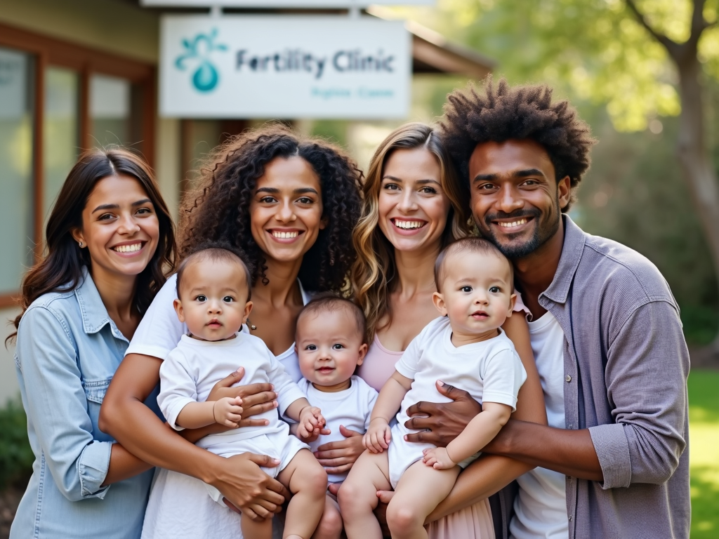 Couples celebrating success outside a fertility clinic