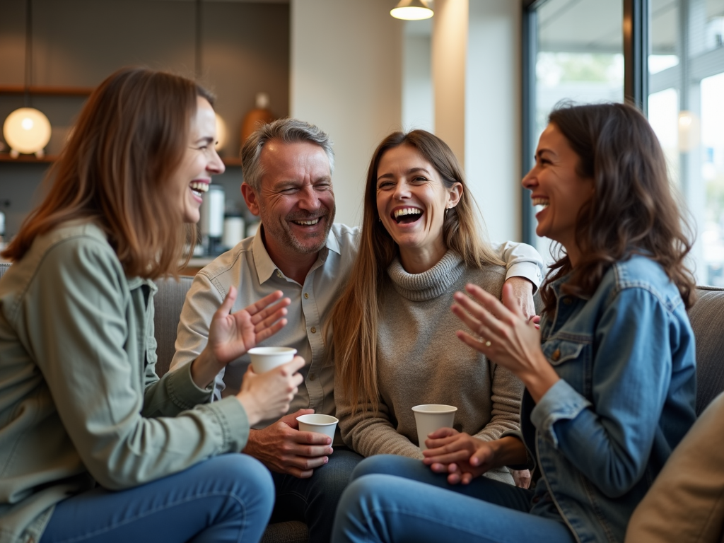 A fertility clinic support group sharing a light moment over coffee, highlighting friendship and support.