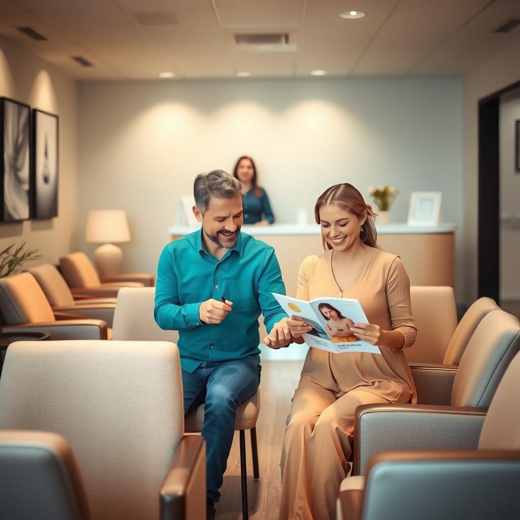Couple in a fertility clinic waiting room reading a brochure.